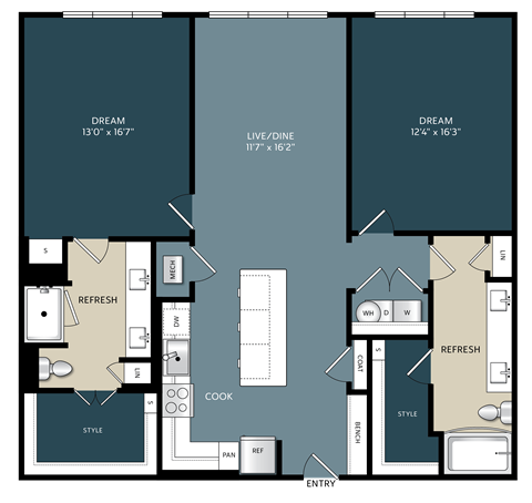 Two-bedroom Kerrville, Texas apartment floor plan featuring a split-bedroom design with living space in the center, open kitchen, washer and dryer connections, and spacious bedrooms for privacy and comfort.